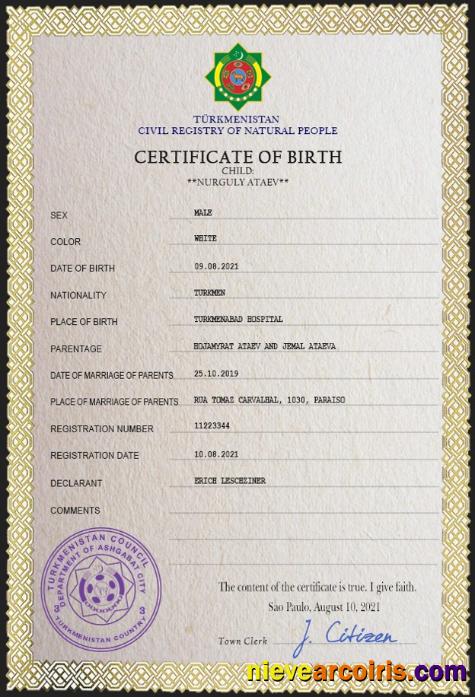 Turkmenistan vital record birth certificate